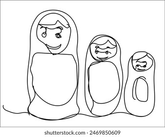 Línea continua dibujando muñecas de anidamiento rusas matryoshka de diferentes tamaños, recuerdo de Rusia. Tradicional muñecas rusas matrioska souvenir. Ilustración gráfica de Vector de diseño de una sola línea