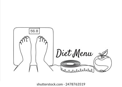 Continuous one line drawing of Measure tape, weighing scale and apple. Diet menu. Healthy eating and dieting, line art concept.