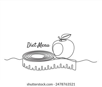 Dibujo continuo de una línea de cinta métrica y manzana. Menú de dieta. Alimentación y dieta saludables, concepto de arte de línea.
