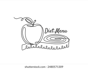 Dibujo continuo de una línea de cinta métrica y manzana. Menú de dieta. Alimentación y dieta saludables, concepto de arte de línea.