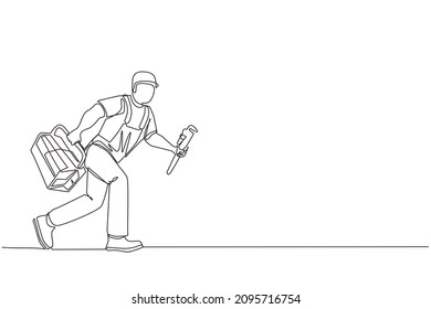 Continuous one line drawing mechanic repairman worker with tools is running. Technical service. Plumber with monkey wrench and toolbox run forward. Single line draw design vector graphic illustration