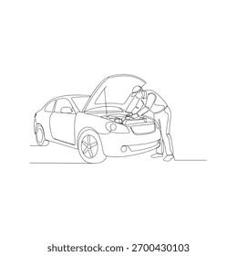 Desenho contínuo de uma linha de um mecânico reparando um carro com o capô aberto. Serviço de automóveis minimalista e conceito de manutenção. Ilustração vetorial de arte de linha única.
