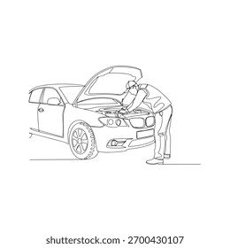 Desenho contínuo de uma linha de um mecânico reparando um carro com o capô aberto. Serviço de automóveis minimalista e conceito de manutenção. Ilustração vetorial de arte de linha única.
