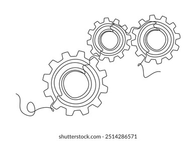 Kontinuierliche einzeilige Zeichnung mechanische Motor Getriebe Logo. Runde Rad Metall Symbol für Business-Teamwork, Verbindung, Zusammenarbeit, Erfolgskonzept. Vektorgrafik mit einfarbiger Zeichnung