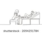 Continuous one line drawing medical doctor bandage broken leg to little girl patient sitting on couch at clinic or traumatology department. Limb fracture. Single line draw design vector illustration