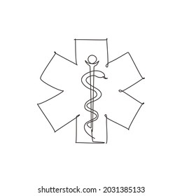 Continuous One Line Drawing Medical Snake Health Symbol. Medicine System And Health Care Concept. Medical Icon. Medicine Logo For Paramedic Staff. Single Line Draw Design Vector Graphic Illustration