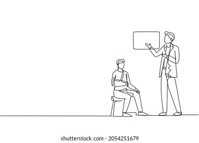 Continuous one line drawing medical doctor showing x-ray picture with limb fracture to male patient with broken arm. Healthcare, man with injured bandaged hand. Single line draw design vector graphic