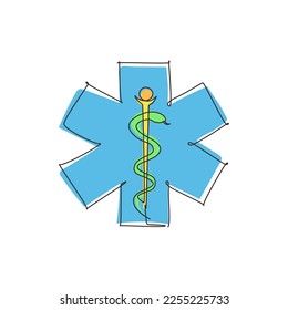 Continuous one line drawing medical snake health symbol. Medicine system and health care concept. Medical icon. Medicine logo for paramedic staff. Single line draw design vector graphic illustration