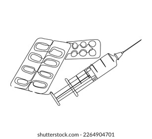 Continuous one line drawing of medical syringe and capsule. Simple illustration of Capsule and Injection Syringe line art vector illustration.