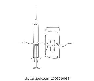 Continuous one line drawing of medical syringe and vial. Vaccine and Injection Syringe line art vector illustration. Editable stroke.