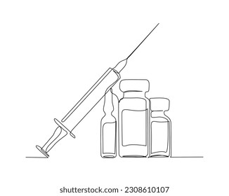 Continuous one line drawing of medical syringe and vial. Vaccine and Injection Syringe line art vector illustration. Editable stroke.
