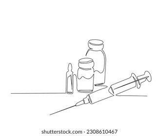 Continuous one line drawing of medical syringe and vial. Vaccine and Injection Syringe line art vector illustration. Editable stroke.