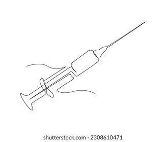 Continuous one line drawing of medical syringe. Vaccine and Injection Syringe line art vector illustration. Editable stroke.