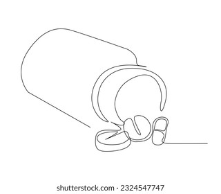 Continuous one line drawing of medical tablet and pill. Medical drugs, pharmacy , health and care line art vector illustration. Editable stroke.