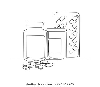 Dibujo continuo de una línea de comprimido y píldora médica. Medicamentos médicos, farmacia, salud y línea de cuidados ilustraciones vectoriales. Trazo editable.