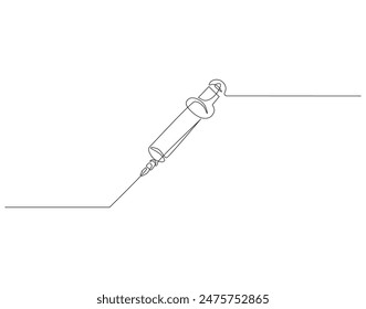 Continuous one line drawing of medical syringe. One line drawing illustration of injection syringe. Vaccine concept Single line. Editable outline.