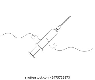 Continuous one line drawing of medical syringe. One line drawing illustration of injection syringe. Vaccine concept Single line. Editable outline.