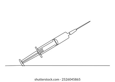 Seringa descartável médica contínua de desenho de uma linha com agulha. Aplicável para injeção de vacina, logótipo da vacina. Seringa de plástico com agulha. Ilustração gráfica vetorial de design de desenho de linha única