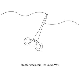 Continuous one line drawing of medical scissors. One line drawing illustration of surgery scissors. Medical tool, medical supplies concept line art. Editable outline