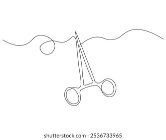 Desenho contínuo de uma linha de tesoura médica. Ilustração de desenho de uma linha da tesoura cirúrgica. Ferramenta médica, suprimentos médicos conceitua a arte da linha.