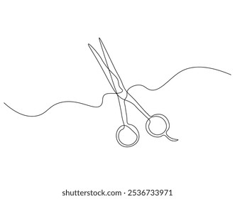 Dibujo continuo de una línea de tijeras médicas. Ilustración de dibujo de una línea de tijeras de cirugía. Herramienta médica, arte de línea de concepto de suministros médicos. Esquema editable