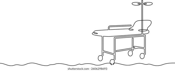Continuous one line drawing medical bed.Empty hospital bed.Medicine.
One continuous line isolated minimal illustration.Not AI.