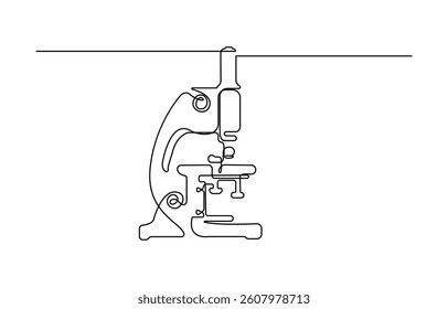 Continuous one line drawing of medical microscope laboratory, microscope line art vector illustration.