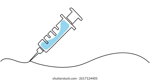Continuous one line drawing medical syringe. Clean syringe, Vaccine and syringe continuous one line art drawing and vaccine icon simple vector illustration, Continuous line drawing of a syringe.