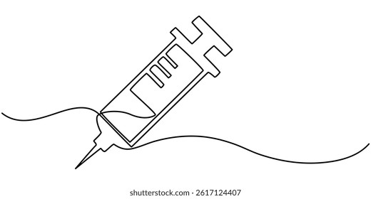 Continuous one line drawing medical syringe. Clean syringe, Vaccine and syringe continuous one line art drawing and vaccine icon simple vector illustration, Continuous line drawing of a syringe.