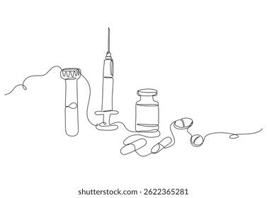 Dibujo continuo de una línea de suministros médicos, incluyendo tubo de ensayo, jeringa, vial de vacuna y cápsulas. Ilustración vectorial minimalista para conceptos sanitarios y farmacéuticos. Trazo editable