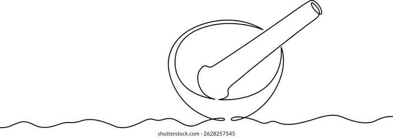 Kontinuierliche einzeilige Zeichnung medizinischen Mörtel. Mörtel und Pestel zur Herstellung von Arzneimitteln. Eine durchgehende Linie isoliert minimale Illustration.Nicht AI.