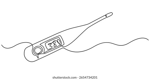 Um termômetro médico de desenho contínuo. Medicina, desenho contínuo de uma linha do termômetro para medir a temperatura do ar no fundo branco, conceito minimalista de cuidados de saúde para a temperatura.