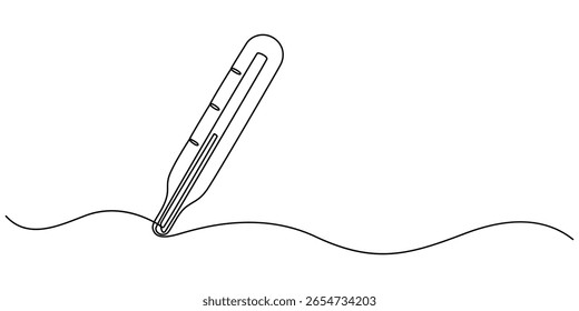 Continuous one line drawing medical thermometer. Medicine, Continuous one line drawing of thermometer for measuring air temperature on white background, Minimalist healthcare concept for temperature.
