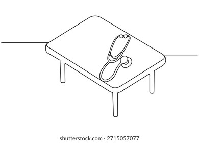 Continuous one line drawing of a medical stethoscope lying on a table in isometric view