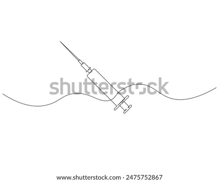 Continuous one line drawing of medical syringe. One line drawing illustration of injection syringe. Vaccine concept Single line. Editable outline.