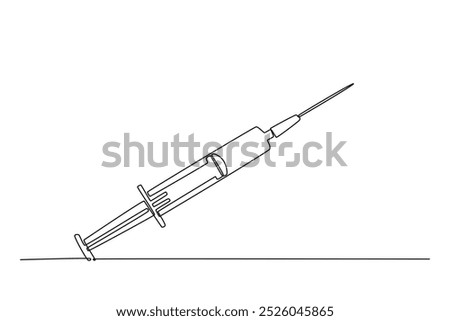 Continuous one line drawing medical disposable syringe with needle. Applicable for vaccine injection, vaccination logo. Plastic syringe with needle. Single line draw design vector graphic illustration