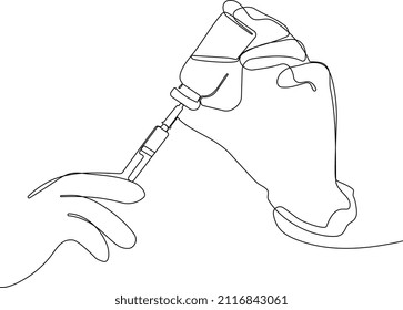 Durchgängige Zeichnung von Arzt und Impfstoff-Dosis-Grippe-Spritze in Labor-, Mikrobiologie- und Pharma-Forschung. Vektorgrafik für Ihr minimales Design.