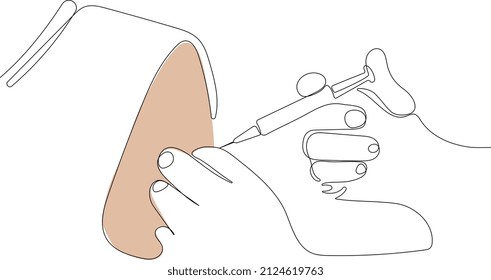 Durchgängige Zeichnung von Arzt und Impfstoff-Dosis-Grippe-Droge-Spritze in Labor, Mikrobiologie und pharmazeutischen Forschung, Medizin und Gesundheitswesen.