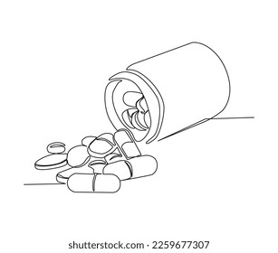 Continuous one line drawing of medicine pills or capsule bottle. Simple illustration of medical drug pharmacy care line art vector illustration.