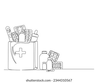 Dibujo continuo de una línea de medicina en la bolsa de papel. medicamentos médicos simples atención de farmacia, tablet, cápsula, píldoras línea de ilustración vectorial.