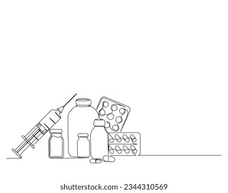 Continuous one line drawing of medicine in the medical syringe, vial, tablet, capsule, pills , medical drugs outline vector illustration.