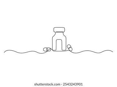 Dibujo continuo de una línea de medicina cápsula de vitaminas tableta y píldora medicamentos médicos simples farmacia cuidado Ilustración vectorial