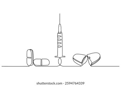 Continuous one line drawing of medicine in the medical syringe. Single line drawing illustration of Pills with syringe. Medical drugs concept vector art. Doodle line illustration.