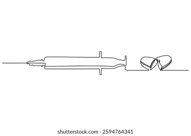 Continuous one line drawing of medicine in the medical syringe. Single line drawing illustration of Pills with syringe. Medical drugs concept vector art. Doodle line illustration.