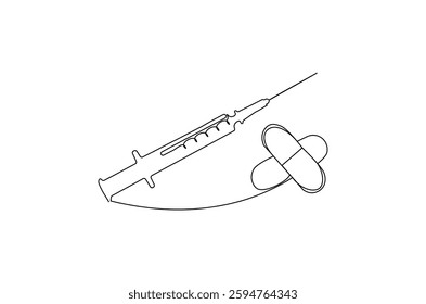 Continuous one line drawing of medicine in the medical syringe. Single line drawing illustration of Pills with syringe. Medical drugs concept vector art. Doodle line illustration.