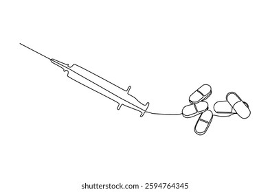 Continuous one line drawing of medicine in the medical syringe. Single line drawing illustration of Pills with syringe. Medical drugs concept vector art. Doodle line illustration.