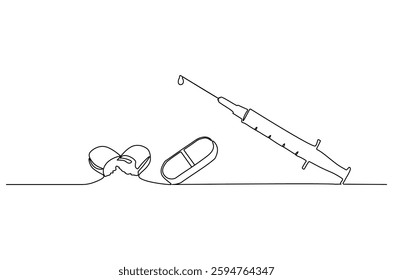 Continuous one line drawing of medicine in the medical syringe. Single line drawing illustration of Pills with syringe. Medical drugs concept vector art. Doodle line illustration.