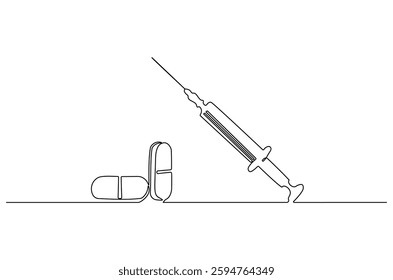 Continuous one line drawing of medicine in the medical syringe. Single line drawing illustration of Pills with syringe. Medical drugs concept vector art. Doodle line illustration.