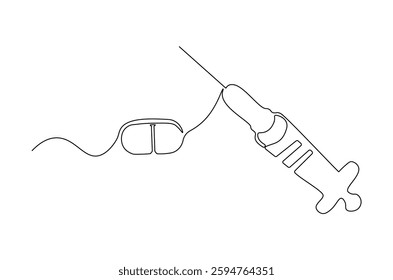 Continuous one line drawing of medicine in the medical syringe. Single line drawing illustration of Pills with syringe. Medical drugs concept vector art. Doodle line illustration.