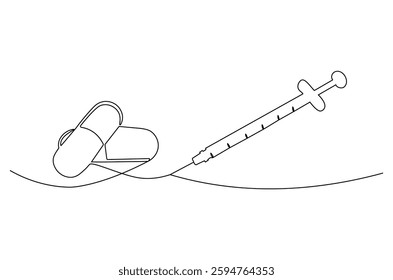 Continuous one line drawing of medicine in the medical syringe. Single line drawing illustration of Pills with syringe. Medical drugs concept vector art. Doodle line illustration.